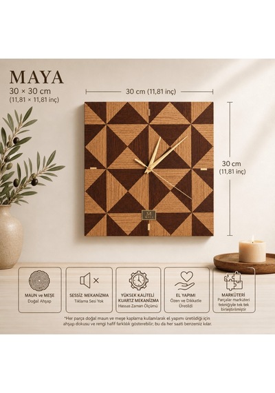 Maya Collection Doğal Maun Ve Meşe Ahşap Kaplama Duvar Saati