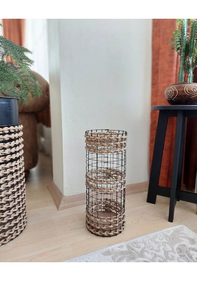Egindra Trendev Metal Tel Hasır Örgülü Özel Tasarım Pampas Vazosu 40 Cm Üç Örgü
