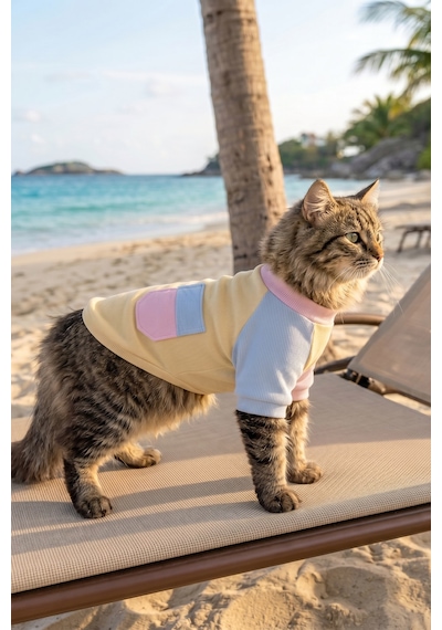 Soft Sun Kedi Tişörtü Cepli Şeker Renkli Yazlık Kedi Kıyafeti