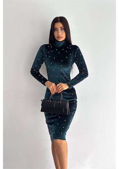 Dip Moda Kadın İnci Detaylı Mini Kadife Elbise Kklf77 - Yeşil Yeşil