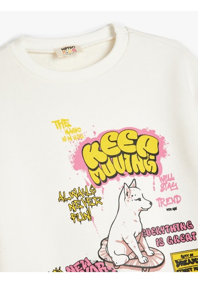 Koton Köpek Baskılı Bisiklet Yaka Uzun Kollu Sweatshirt Ekru 5wkg10643ak Ekru