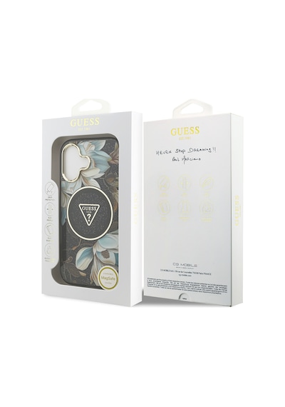 Apple Uyumlu iPhone 17 Kılıf Guess Lisanslı M-safeli Simli Çiçek Desen Metal Kamera Çerçeveli Üçgen Logolu Siyah Siyah