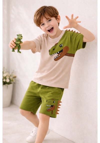 Beka Kids Erkek Çocuk Kısa Kollu Dinazor Baskılı Ve Keçeli Şort Ve Tişört Alt-üst İkili Takım Yeşil