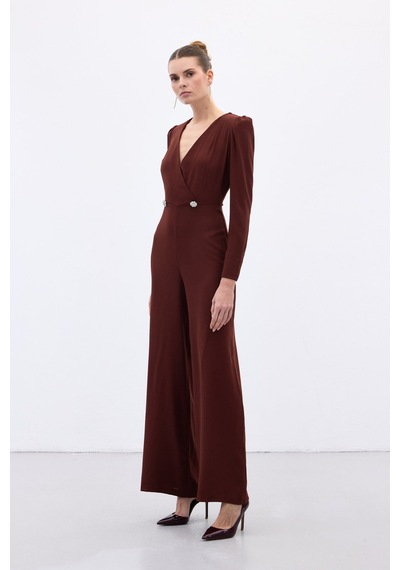 Sateen Kruvaze Süs Taşlı Krep Tulum - Bordo-136568 Bordo