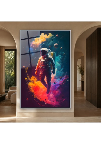 Renkli Dumanlarda Süzülen Astronot Gümüş Çerçeveli Cam Tablo