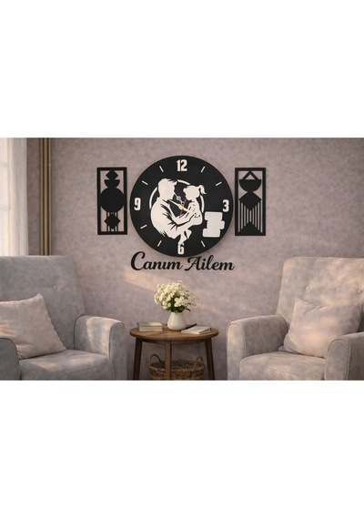 Canım Ailem Temalı Duvar Saati 40 Cm Çiçekler 30 Cm No 10042 Siyah