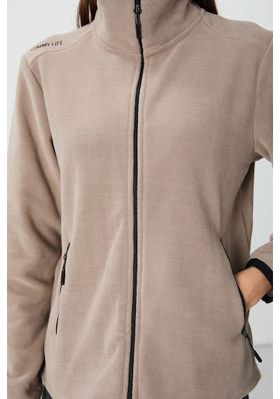 Tommy Life Koyu Bej Dik Yaka Fermuarlı Rahat Form Kadın Polar Sweatshirt - 97173 Koyu Bej