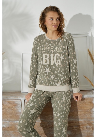 Sevim Kadın Uzun Kol Jakarlı Kalın Haki Pijama Takımı C1t5n0o91 001