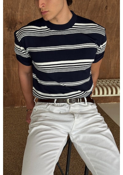 Erkek Bisiklet Yaka Oversize Çizgili Triko T-shirt Lacivert