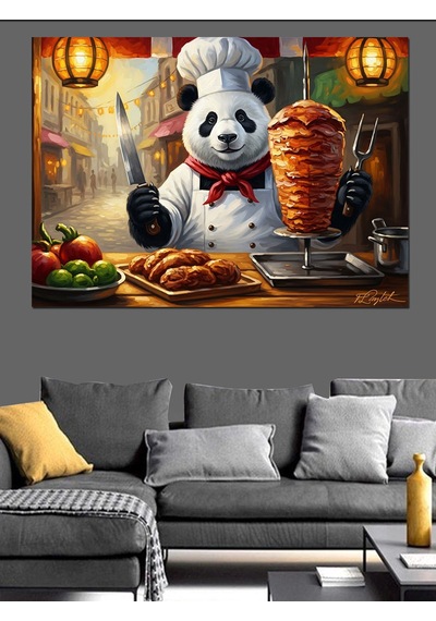 Döner Hazırlayan Aşçı Panda Tablosu Dekoratif Kanvas - Mdf Ahşap Tablo