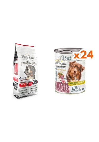 Patilife Kuru Köpek Maması 26 Prt 15 Kg + Kuzu Etli Konserve Mama 24 Adet