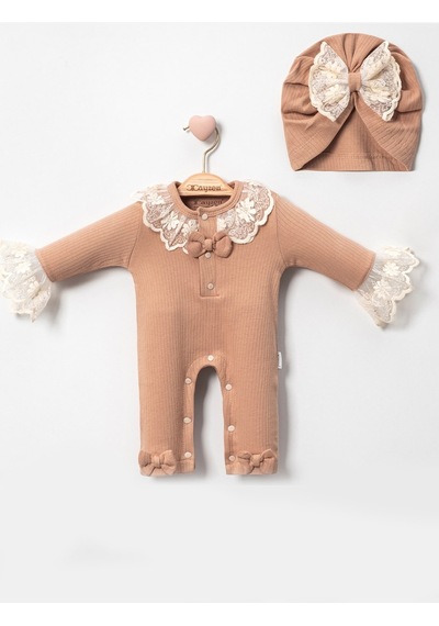 Babydonat Dantel Yaka Detaylı Şapkalı 2'Li Kız Bebek Tulummm Kahverengi