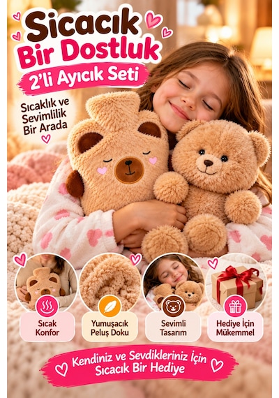 2'li Set Ayıcık Peluş Sıcak Su Torbası Ve 26 Cm Peluş Oyuncak Kahverengi Yumuşak Kılıflı İkili Takım Çok Renkli