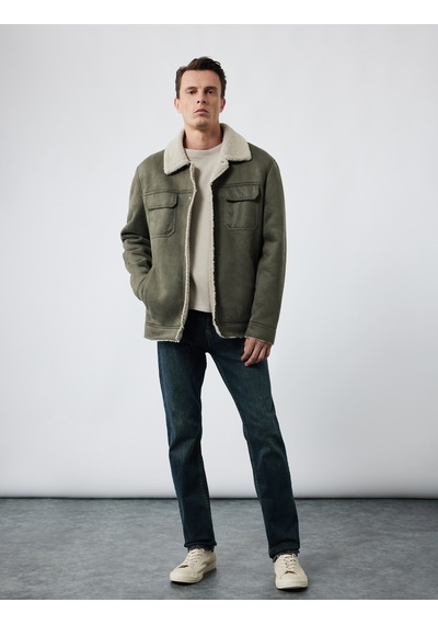 Koton Kapaklı Cepli Çıtçıt Düğme Detaylı Slim Fit İçi Peluş Yaka Suni Süet Ceket Haki 6wam20103hw