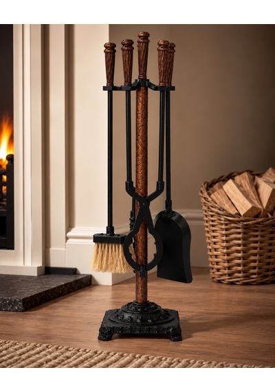 Geometrik Başlıklı Bronz 4 Parça Şömine Maşa Takımı