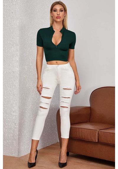 Modi Kadın Yeşil Yarım Fermuarlı Ve Kısa Kollu Crop Top Bluz