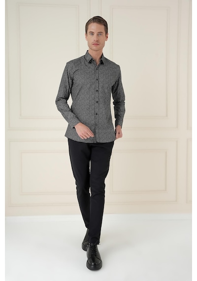 Efor Slim Fit Baskılı %100 Pamuk Spor Siyah Gömlek G 1587 Siyah