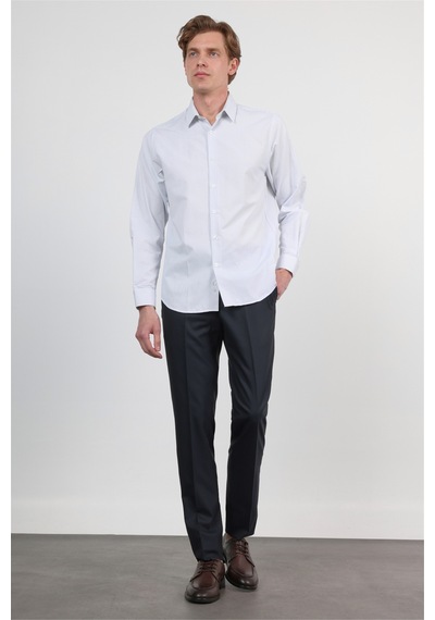 İmza Beyaz - K.mavi Sert Yaka Uzun Kol Cepsiz Slim Fit Pamuklu Gömlek 1004260210