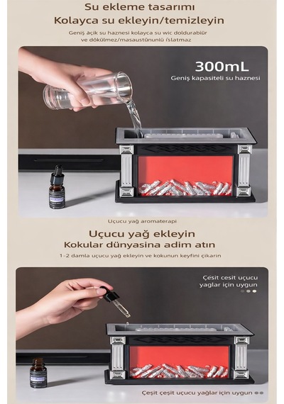 Exenar - Siyah - Şömine Alev Efektli Ultrasonik Hava Nemlendirici Uzaktan Kumanda Aromaterapi Buhar Makinesi 300ml