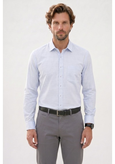 Tudors Erkek Regular Fit Klasik Kesim Oversize %100 Pamuk Keten Doku Mavi Gömlek-42665