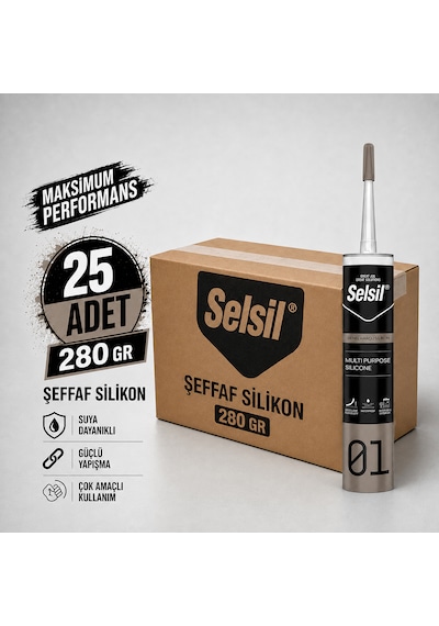 Selsil Şeffaf Genel Amaçlı Silikon 280 Gr Cam Pvc Seramik Banyo Mutfak Sızdırmazlık 25 Adet Koli