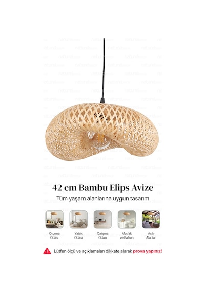 Bambu Elips Sarkıt Avize Lamba 42cm - Iskandinav, Modern, Bohem, Rattan Aydınlatma Bej