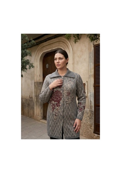 Onno Style Women Ekose Gül Pike Desenli Çelik Örgü Kadın Triko Kaban Gri