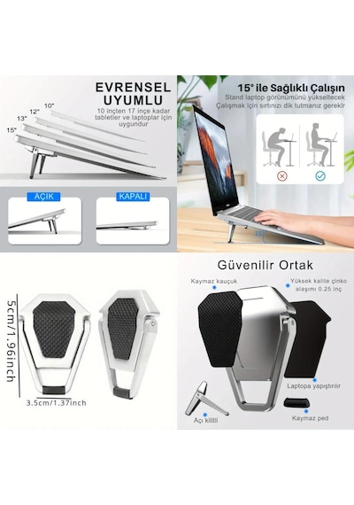 Polham Kaymaz Metal 2 Adet 5mm 3m Yapışkanlı Katlanabilir Ultra Mini Laptop Standı,portatif Taşınabilir
