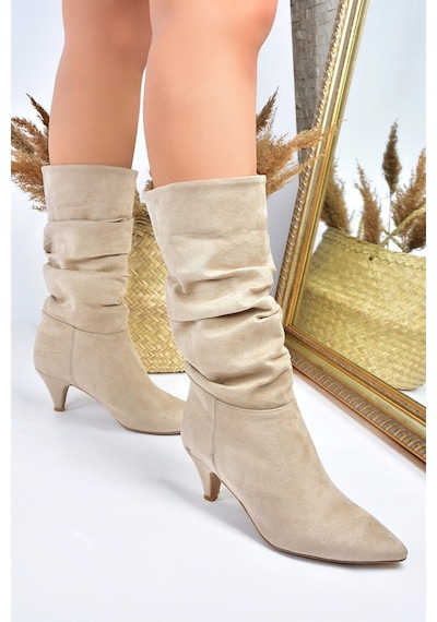 Fox Shoes Ten Süet Kısa Topuklu Büzgülü Kadın Bot L404810602