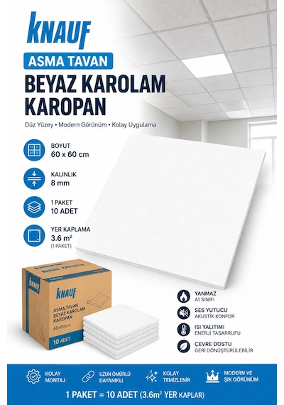 Knauf Asma Tavan Beyaz Karolam Karopan 60x60 Cm 1 Pakette 10 Adet 3.6 M2 Yer Kaplar 21 Kg 60x60cm
