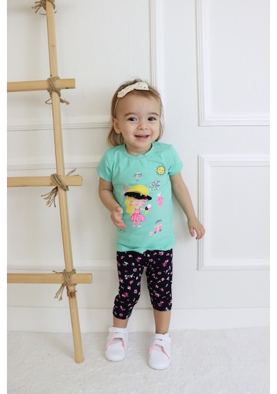 Harika Kids Kız Bebek Kaprili Kısa Kollu Kız Desen Baskılı Yazlık Basic Alt-üst Takım 6-24 Ay 001