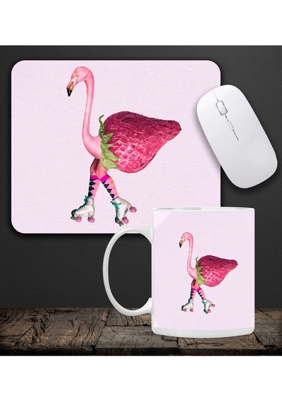 Baskılı Kupa & Pembe Çilekli Flamingo Motifli Mouse Pad 23x19cm Fare Altlığı Kaydırmaz Taban De586 O Mousepad