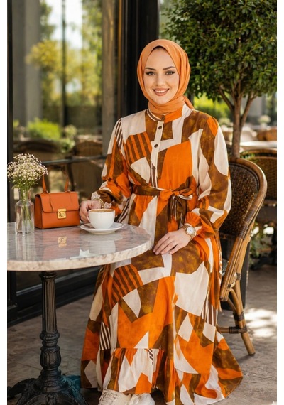 Hb Harma Time Butik Kadın Kuşaklı Viskon Kumaş Tesettür Turuncu Elbise