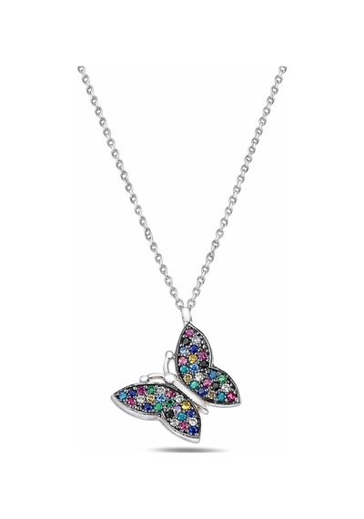 Çekirdekjewelry 925 Ayar Gümüş Kelebek Kolye Rodyum Kaplama Renkli Taşlı Zarif Tasarım Gri