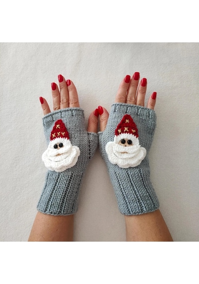 Newdaycraft El Örgüsü Motifli Parmaksız Eldiven / Bileklik - Gri Noel