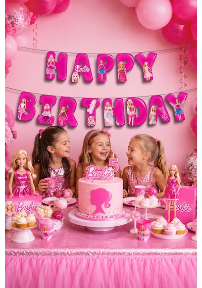 Barbie Happy Birthday Yazı Banner Kız Çocuk Doğum Günü Parti Süsü Dekoru Genel