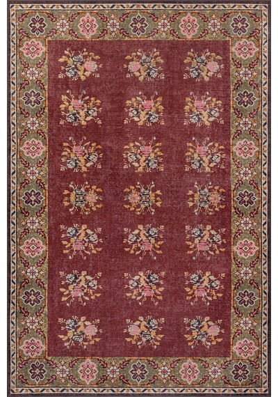 Artloop Relic Bordo Vintage Çiçek Desenli Dokuma Tabanlı Şönil Halı Al 556