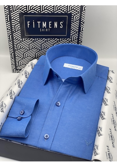 Slim Fit Uzun Kol Saten Hediye Kutulu Kolay Ütülenebilir Erkek Gömlek Fs-002968 - Saks Mavi-2067