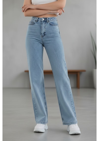 Woddi Heaven Kadın Yüksek Bel Buz Kar Yıkama Salaş Wide Leg Jeans Geniş Paça Palazzo Kot Pantolon Taş