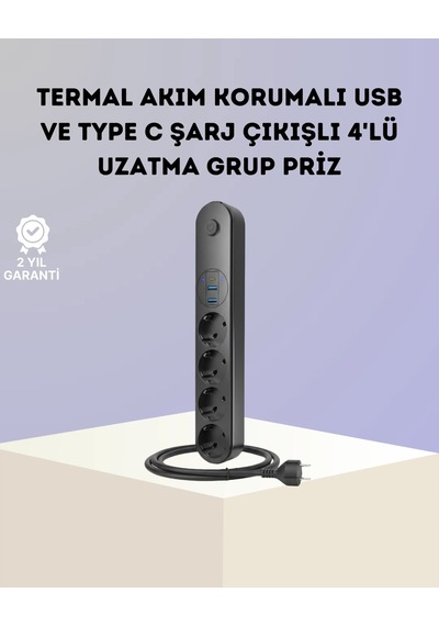Hubrendy Tekno Akım Korumalı Çoklu Priz 4 Lü 2 Usb 1 Type-c 2500w Güçlü Tasarım 0
