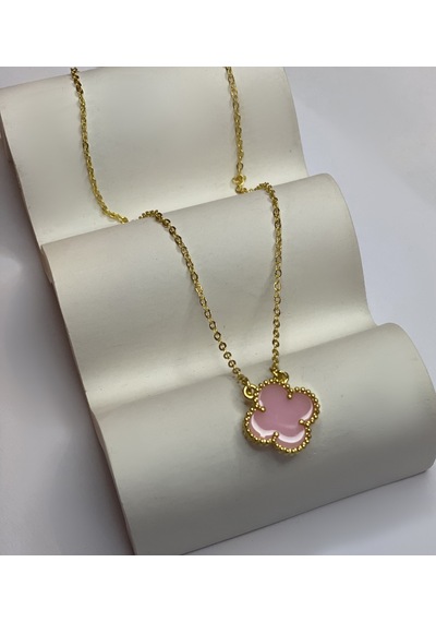 Kadın Pembe Renk Yonca Model Çelik Kolye Gold