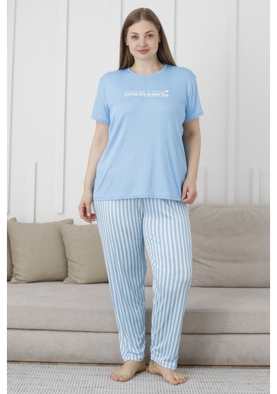 Wordex Mirano 3503 Çizgili Pijamalı Kısa Kollu Büyük Beden Pegasus Kumaş Kadın Pijama Takımı Mavi Wordex Mirano 3503 Çizgili Pijamalı Kısa Kollu Büyük Beden Pegasus Kumaş Kadın Pijama Takımı Mavi