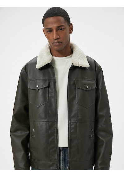 Koton Suni Deri Ceket Yakası Kürklü Cepli Fermuarlı Astarlı Slim Fit Kahverengi 5wam20085hw Kahverengi