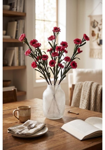 Yapay Çiçek Lateks Papatya Dalı Fuşya 6 Çiçekli 60 Cm Gerçek Dokulu Dekoratif Çiçek Fusya