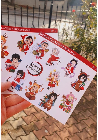 Yılbaşı 2li Çıkartma - Demon Slayer-merry Christmas-etiket-süsleme-- Başarı Çıkartmaları
