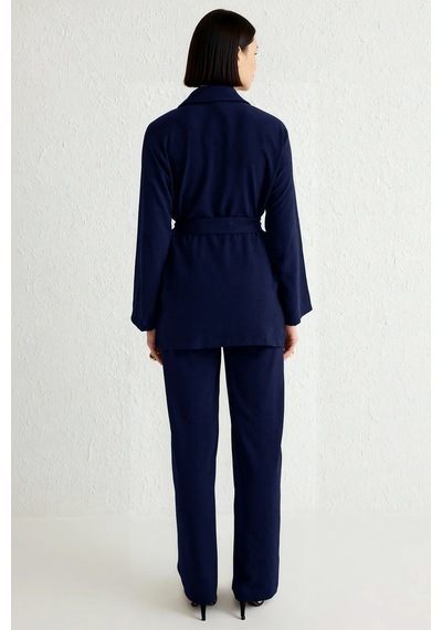 Benerly Kadın Büyük Beden Kruvaze Blazer Pantolon Takımı Relaxed Kesim Uz Lacivert