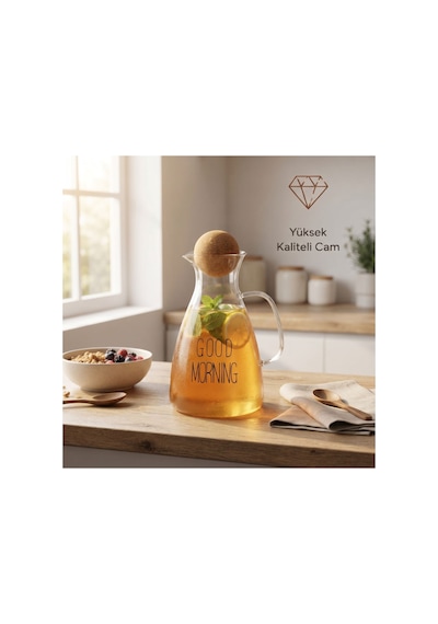 Yuvarlak Mantar Kapaklı Sürahi - 1500 Ml - Yüksek Kaliteli Cam