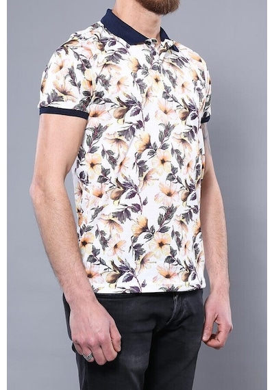 Yake Store Polo Yaka Turuncu Çiçek Desenli T-shirt - Wessi - Turuncu Beyaz