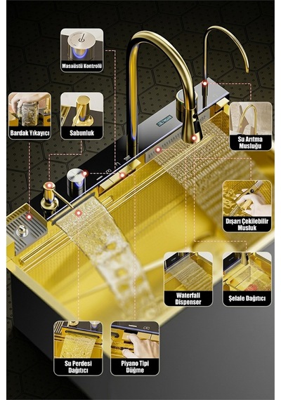 Premium Gold Akıllı Mutfak Evyesi- 75x46 Cm Çok Fonksiyonlu- Lüx Dijital Akıllı Eviye Seti