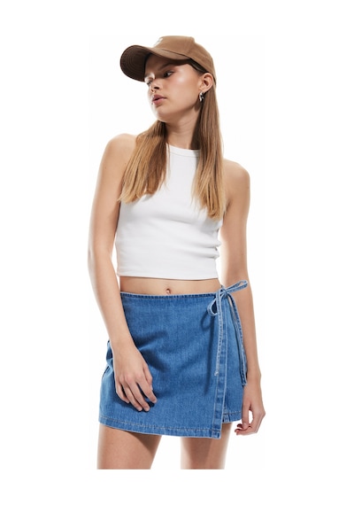 Koton Pamuklu Bağlama Detaylı Mini Denim Şort Etek Orta İndigo 5sal40010md Indigo